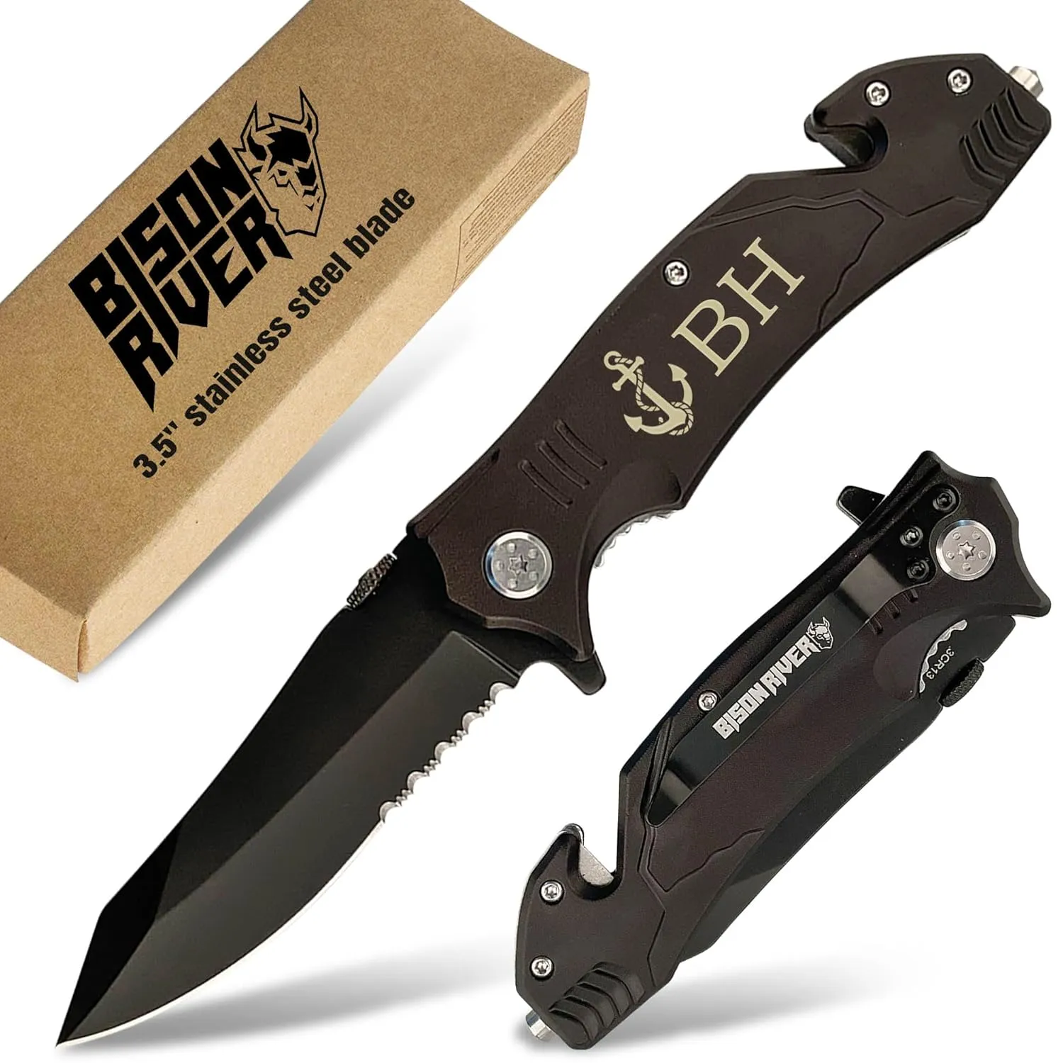 Bison River Folding Knife Rescue Tool with Seatbelt Cutter and Glass Breaker, Stainless Steel Pocket Knife with Glass Breaker and Seat Belt Cutter, Emergency Knife with Glass Breaker, 4.5 inches