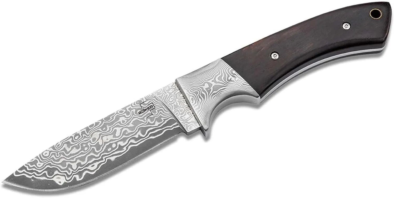 BÖKER PLUS® M-One Damascus hunting knife - fixed blade & leather sheath - bushcraft knife with ebony wood handle - outdoor - gift box
