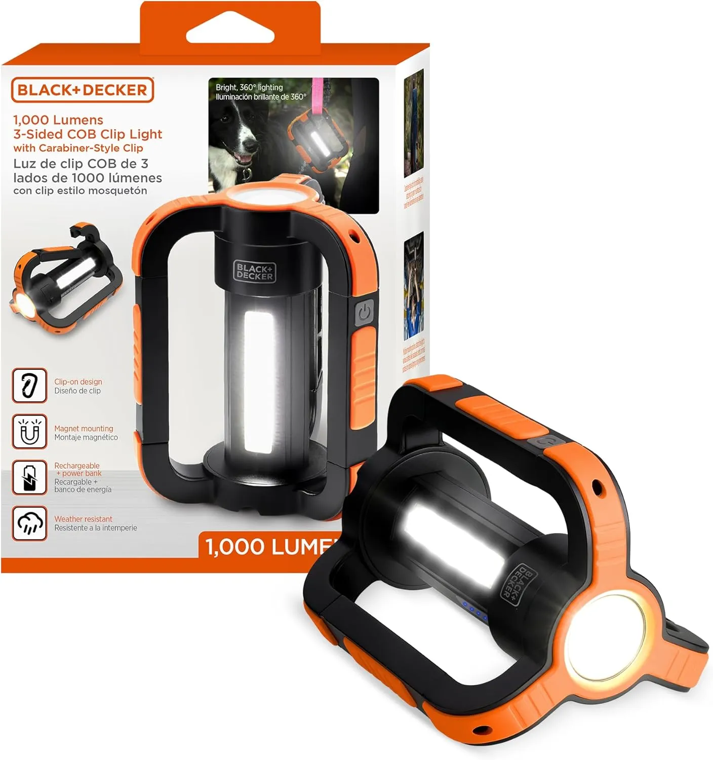 BLACK DECKER Utility Light, 1000LM USB Rechargeable, Magnetic 3-Sided COB LED, Portable and Waterproof, Flashlight, Carabiner Clip, Hands-Free Mounting, Lantern-Style for Camping, DIY, and More