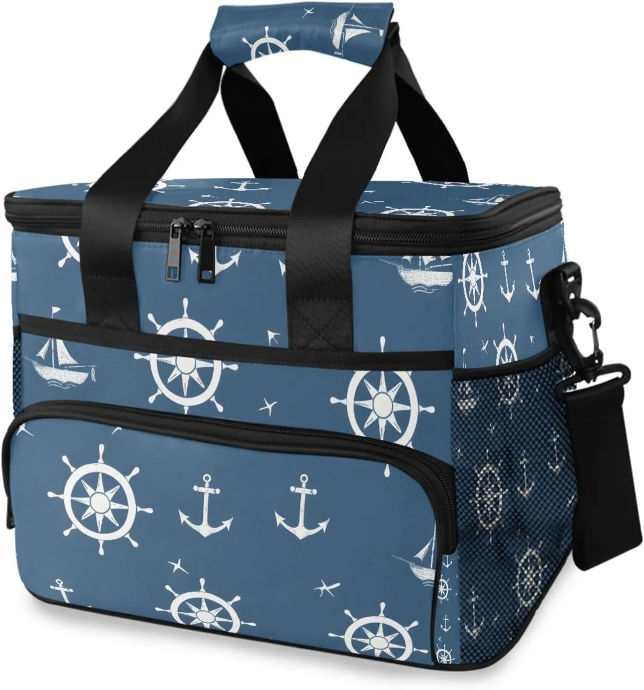 Blue Nautical Pattern Cooler Bag Insulated Cooler Soft Sided Cooler 24 Can Portable Picnic Bag Large Leakproof Lunch Bag Box for Beach Grocery Camping Travel Car Men Women