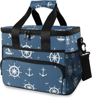 Blue Nautical Pattern Cooler Bag Insulated Cooler Soft Sided Cooler 24 Can Portable Picnic Bag Large Leakproof Lunch Bag Box for Beach Grocery Camping Travel Car Men Women