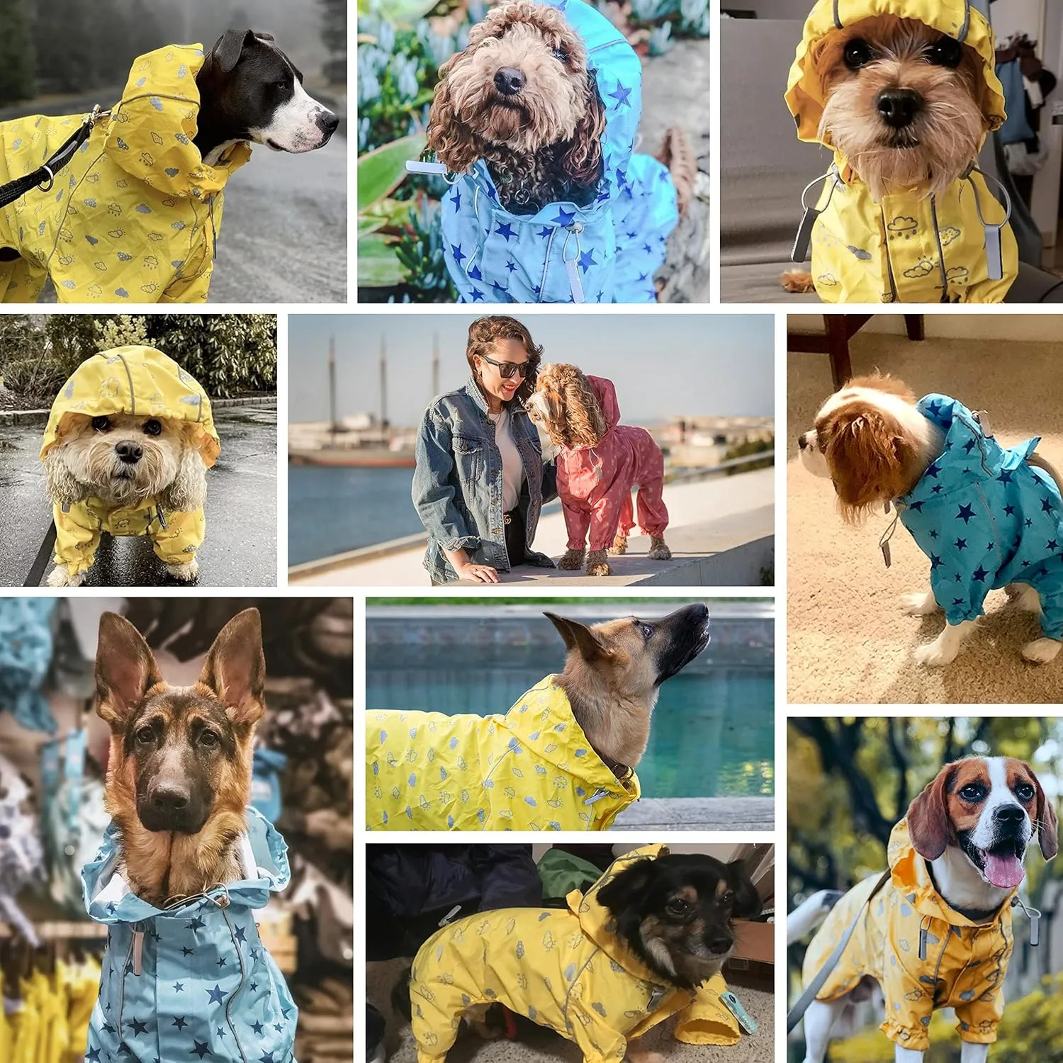 Blueberry Pet 20" Star Prints Lightweight Reflective Waterproof Dog Raincoat with Hood & Harness Hole, Blue, Outdoor Rain Gear Jacket 4 Legs for Large Dogs