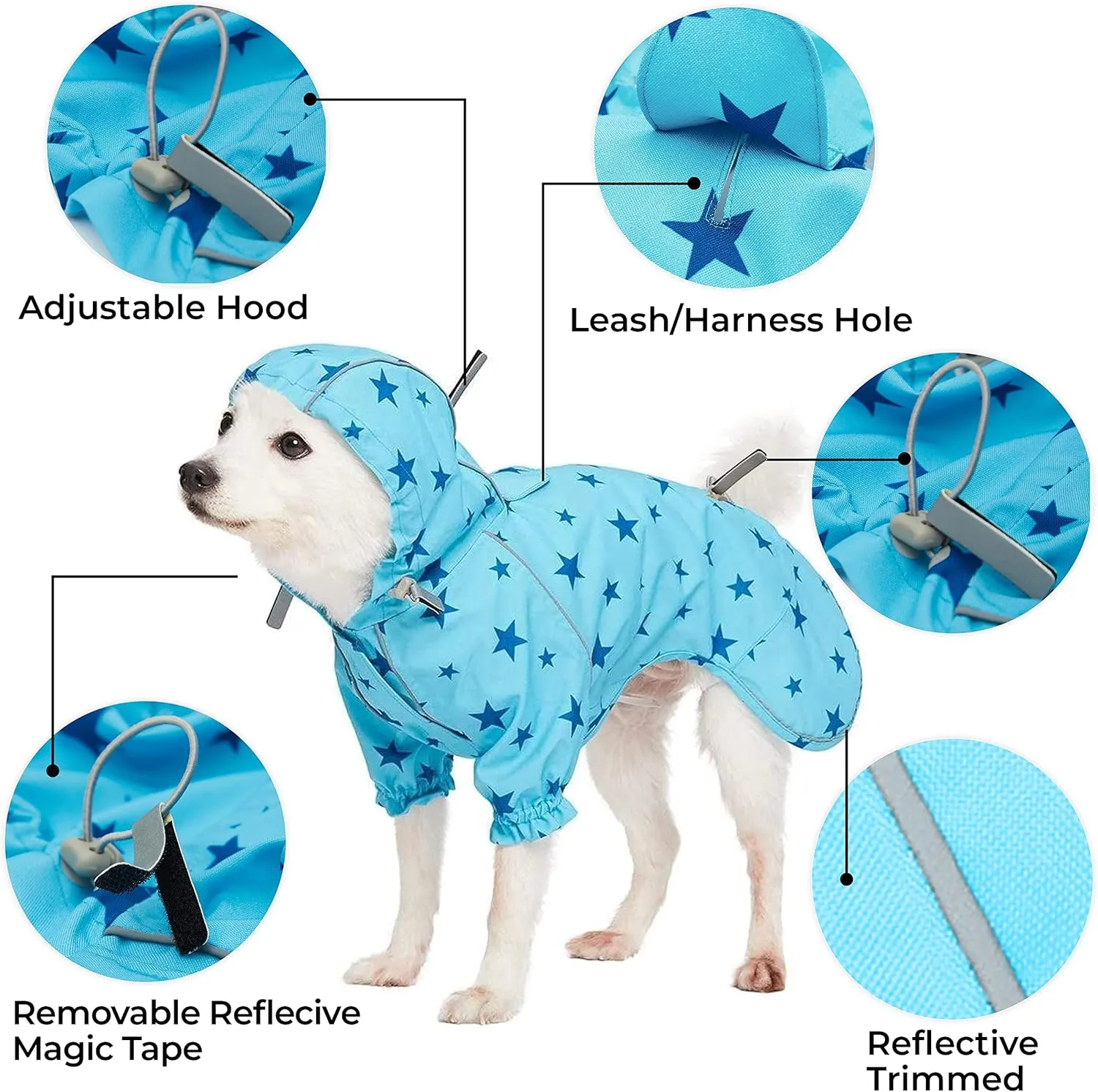 Blueberry Pet 20" Star Prints Lightweight Reflective Waterproof Dog Raincoat with Hood & Harness Hole, Blue, Outdoor Rain Gear Jacket 4 Legs for Large Dogs