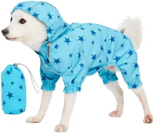 Blueberry Pet 20" Star Prints Lightweight Reflective Waterproof Dog Raincoat with Hood & Harness Hole, Blue, Outdoor Rain Gear Jacket 4 Legs for Large Dogs