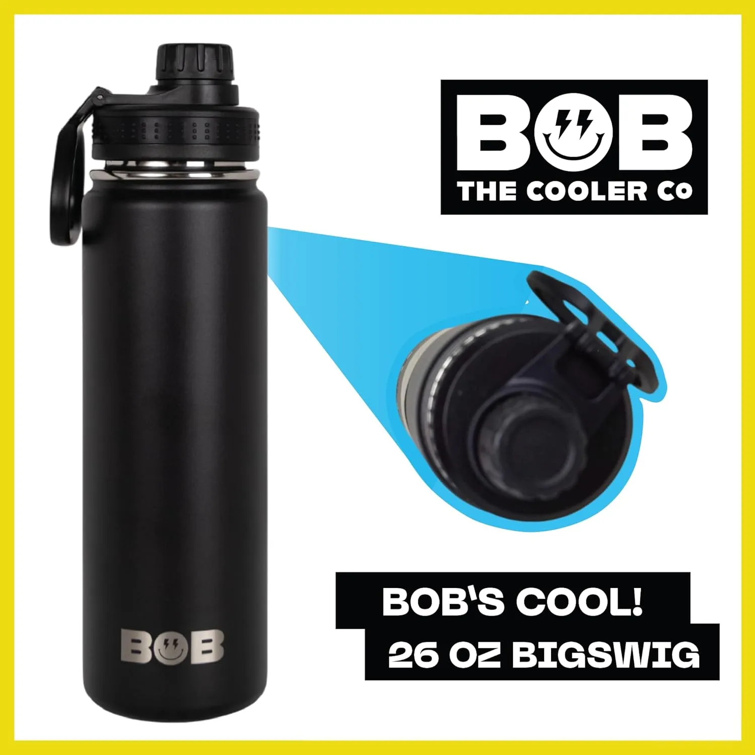BOB THE COOLER CO - 26oz The Big Swig Double Wall Vacuum Insulated Water Bottle with Spout Lid, Made of Stainless Steel, Leak Proof, Great for Sports, Travel, & More (Black)
