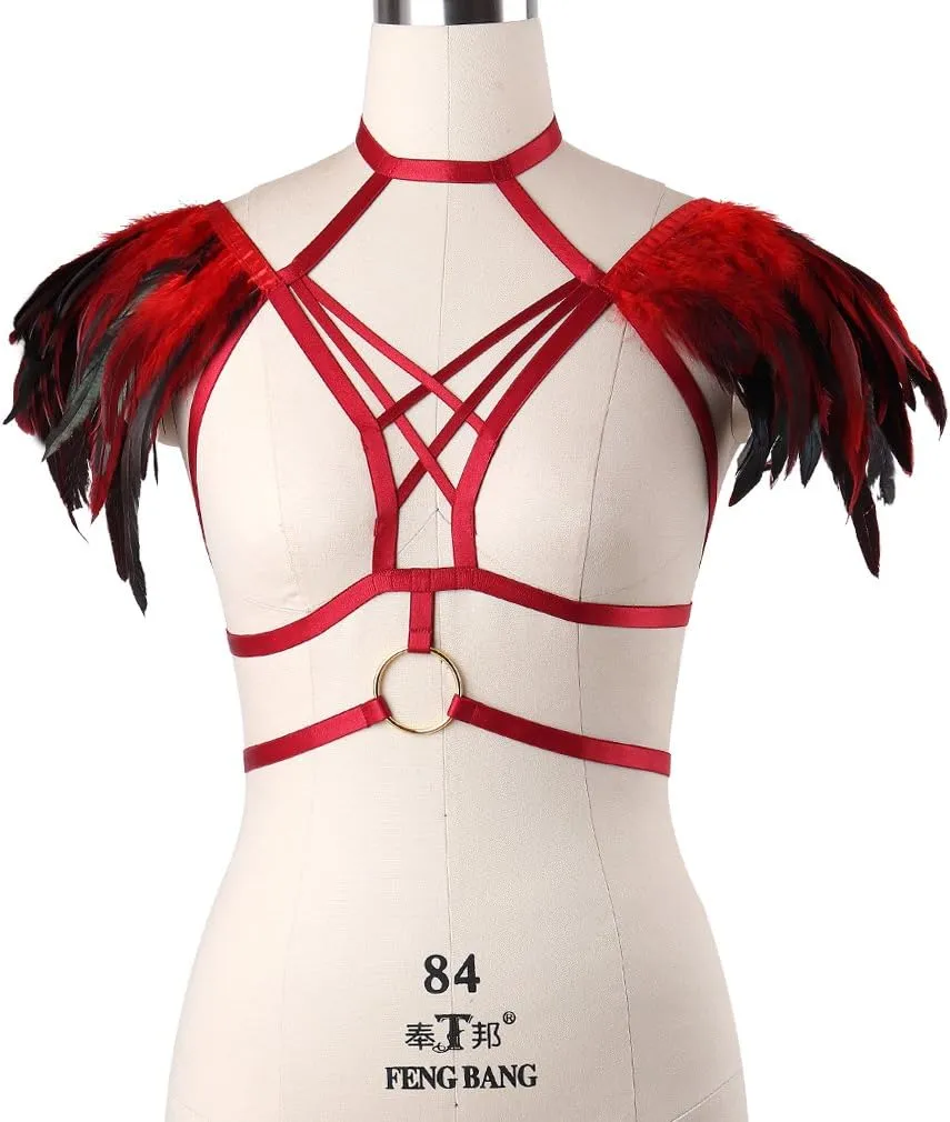 Body CAGE Women's Feathers Body Harness Bra Gothic Punk Epaulette Burning Man Festival Rave Wing Bralette Adjustable