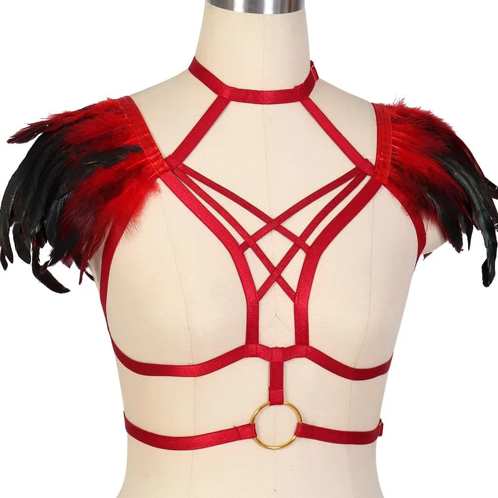 Body CAGE Women's Feathers Body Harness Bra Gothic Punk Epaulette Burning Man Festival Rave Wing Bralette Adjustable
