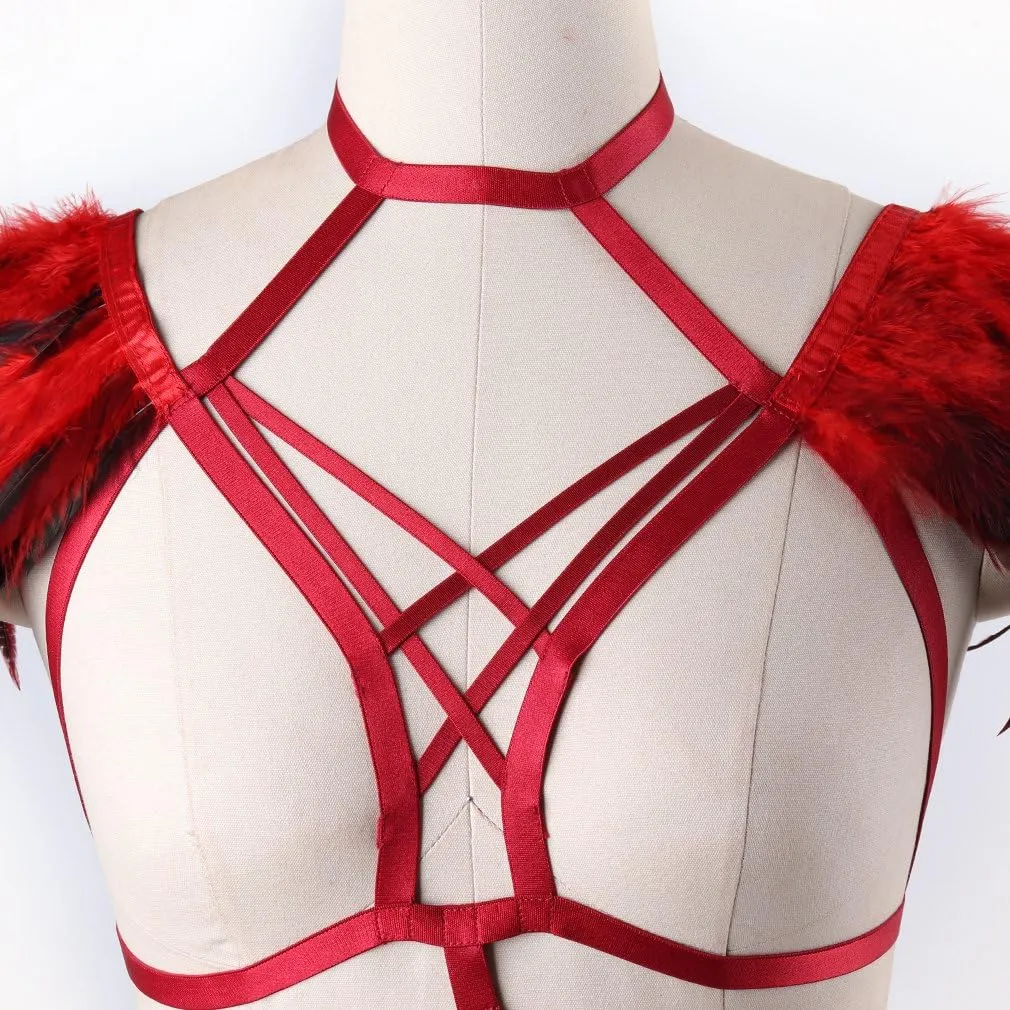 Body CAGE Women's Feathers Body Harness Bra Gothic Punk Epaulette Burning Man Festival Rave Wing Bralette Adjustable
