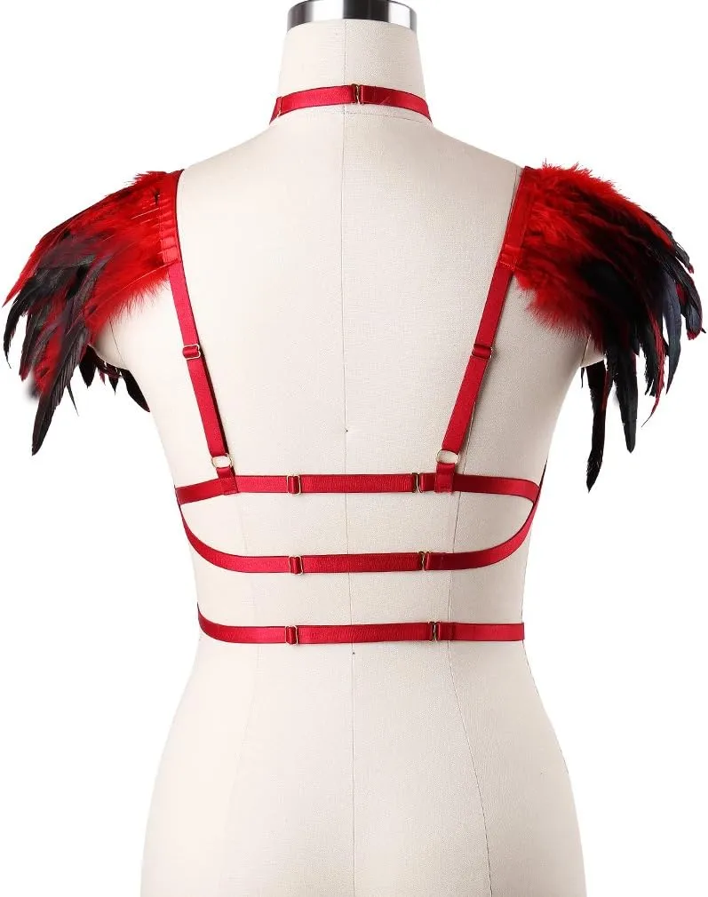 Body CAGE Women's Feathers Body Harness Bra Gothic Punk Epaulette Burning Man Festival Rave Wing Bralette Adjustable