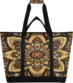Bohemian Reusable Insulated Cooler Bag with Ice Pack Compartment - Large 47L Waterproof Thermal Grocery Tote for Picnic Beach Camping Lunch Storage