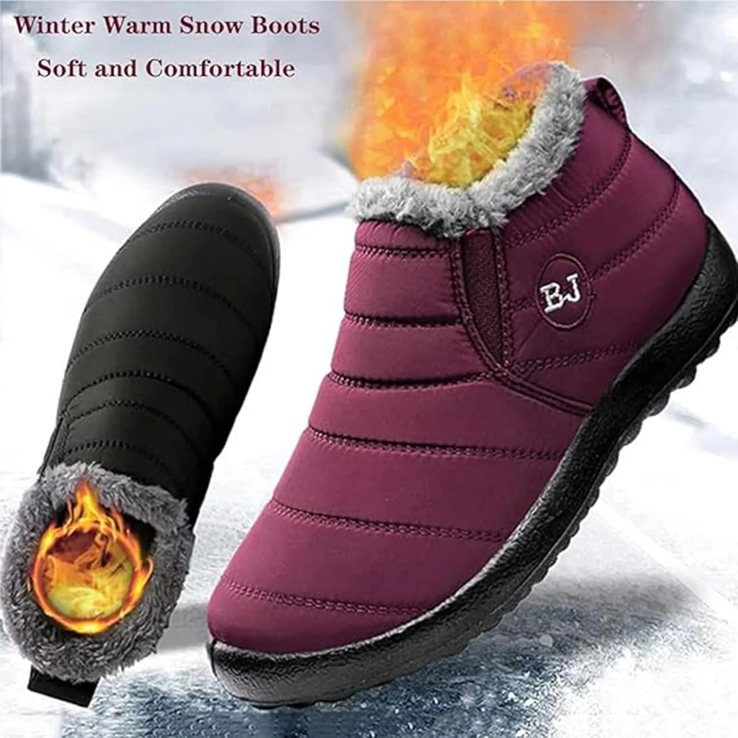 Boojoy Winter Boots, Warm Non-Slip Ankle Boots, Waterproof Slip on Outdoor Winter Fur Lined Warm Booties, Unisex Snow Boots