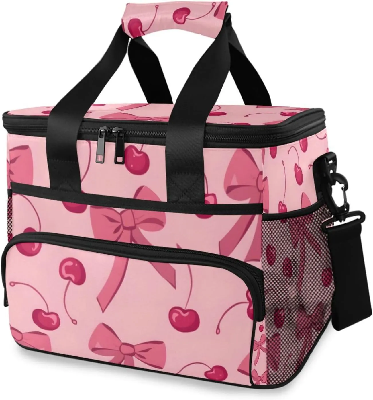 Bow Cherry Pink Cooler Bag Insulated Cooler Soft Sided Cooler 24 Can Portable Picnic Bag Large Leakproof Lunch Bag Box for Beach Grocery Camping Travel Car Men Women