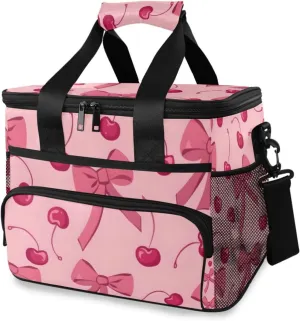Bow Cherry Pink Cooler Bag Insulated Cooler Soft Sided Cooler 24 Can Portable Picnic Bag Large Leakproof Lunch Bag Box for Beach Grocery Camping Travel Car Men Women