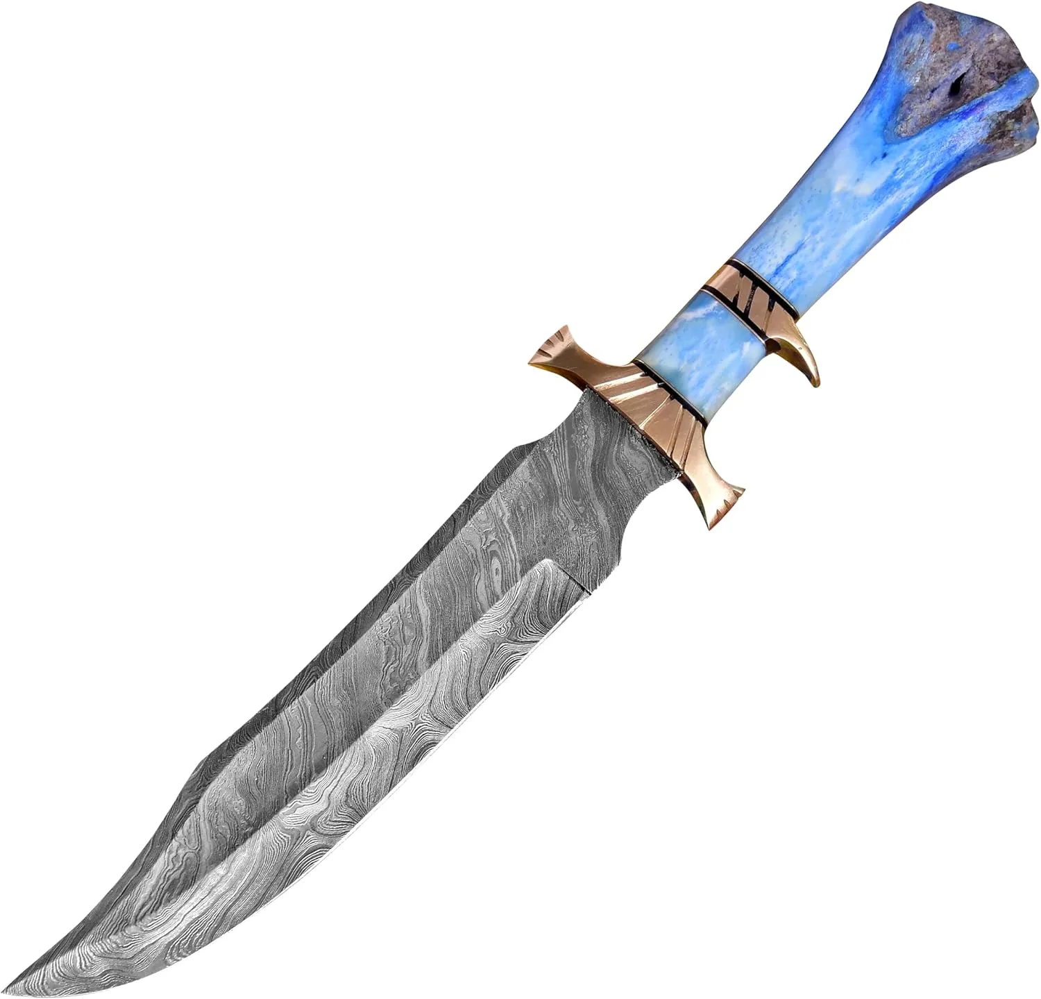 Bowie Knives 16" Handmade Hunting Knife with Leather Sheath,Hand Forged Damascus Steel Fixed Blade Bowie Knife,Camel bone handle firm grip (Blue)