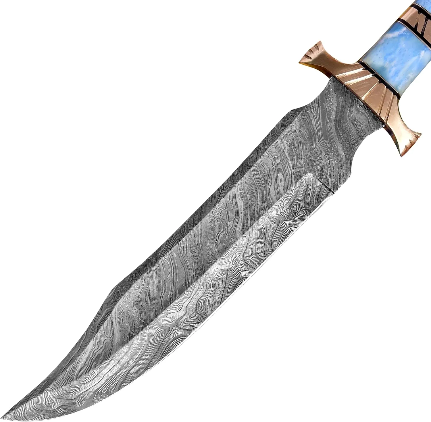 Bowie Knives 16" Handmade Hunting Knife with Leather Sheath,Hand Forged Damascus Steel Fixed Blade Bowie Knife,Camel bone handle firm grip (Blue)