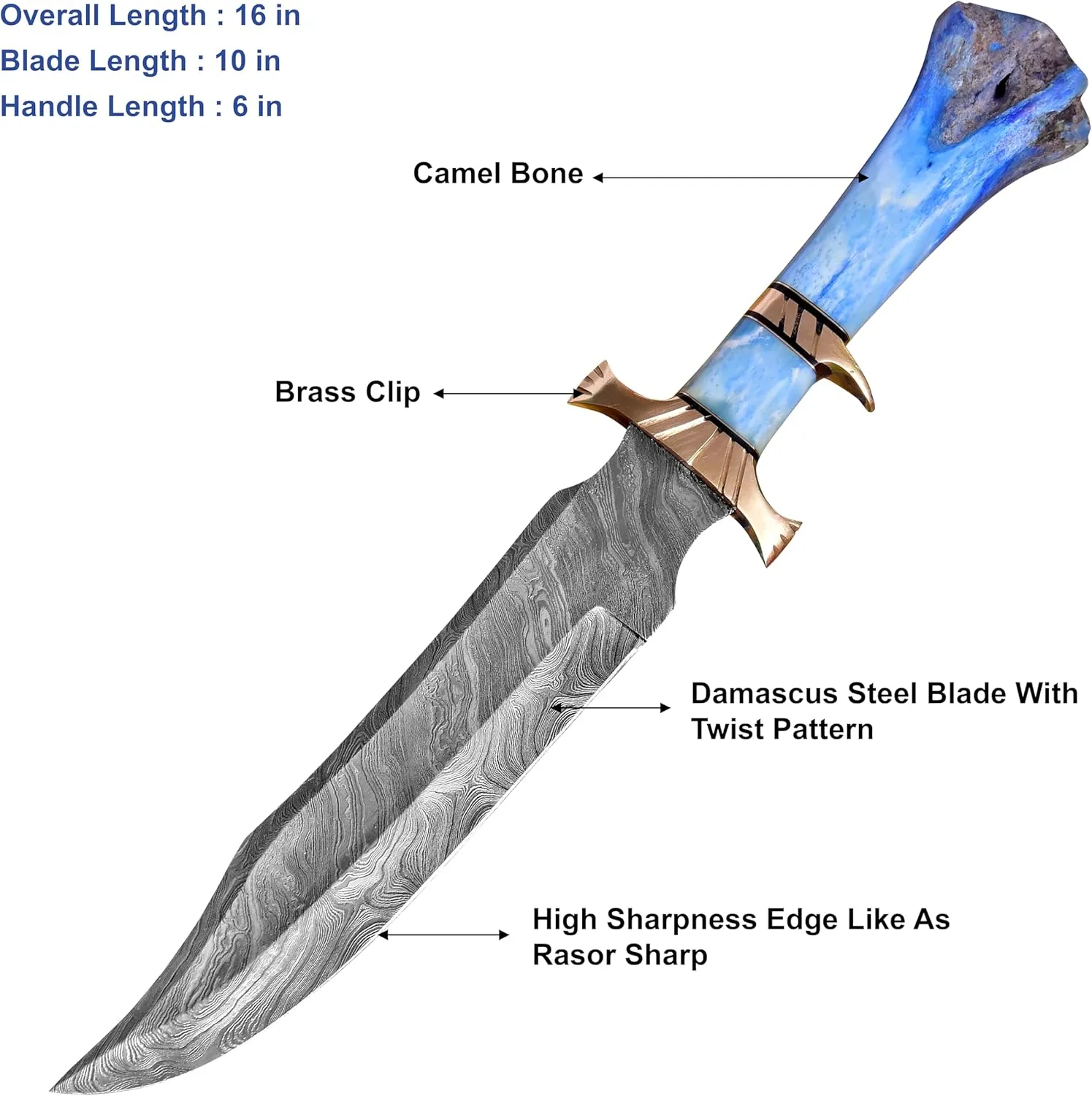 Bowie Knives 16" Handmade Hunting Knife with Leather Sheath,Hand Forged Damascus Steel Fixed Blade Bowie Knife,Camel bone handle firm grip (Blue)