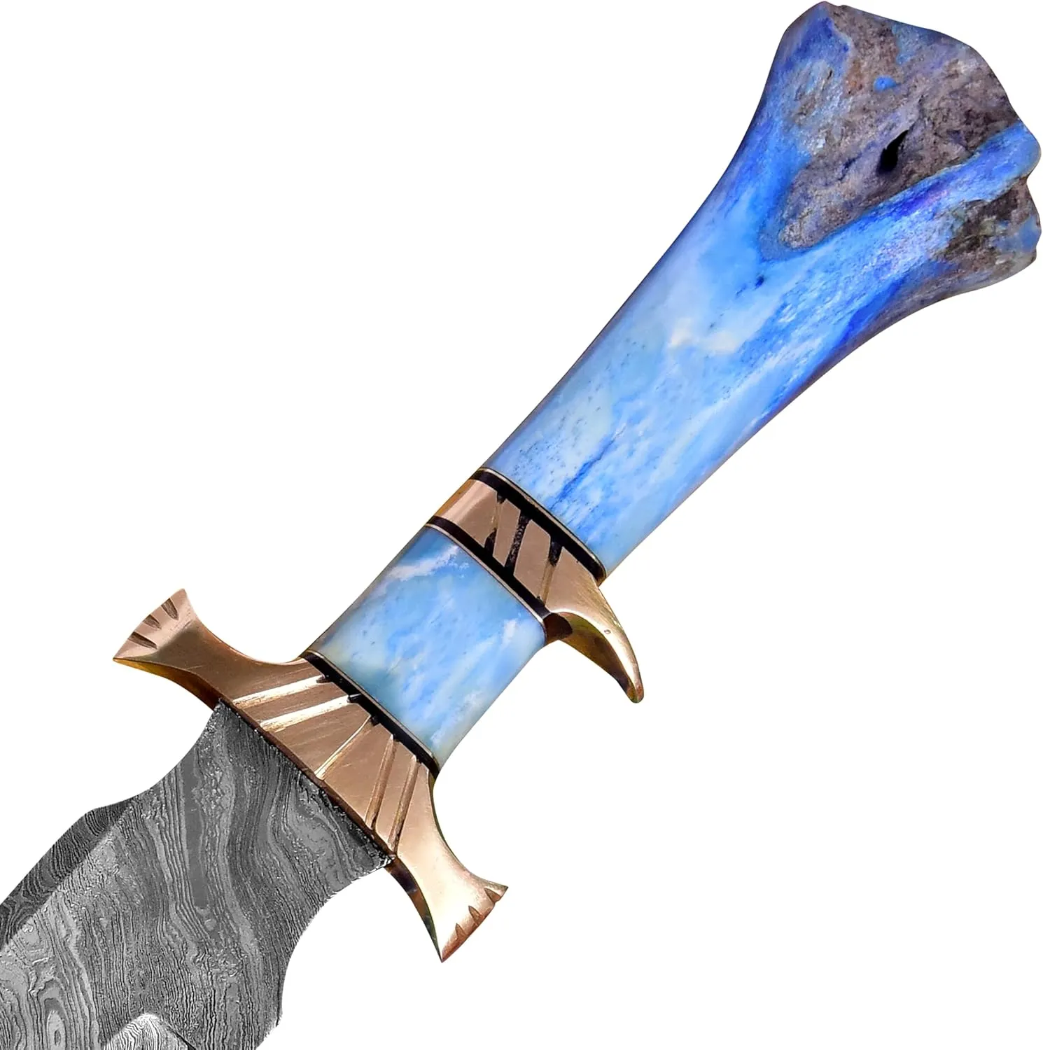 Bowie Knives 16" Handmade Hunting Knife with Leather Sheath,Hand Forged Damascus Steel Fixed Blade Bowie Knife,Camel bone handle firm grip (Blue)