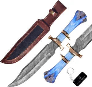 Bowie Knives 16" Handmade Hunting Knife with Leather Sheath,Hand Forged Damascus Steel Fixed Blade Bowie Knife,Camel bone handle firm grip (Blue)