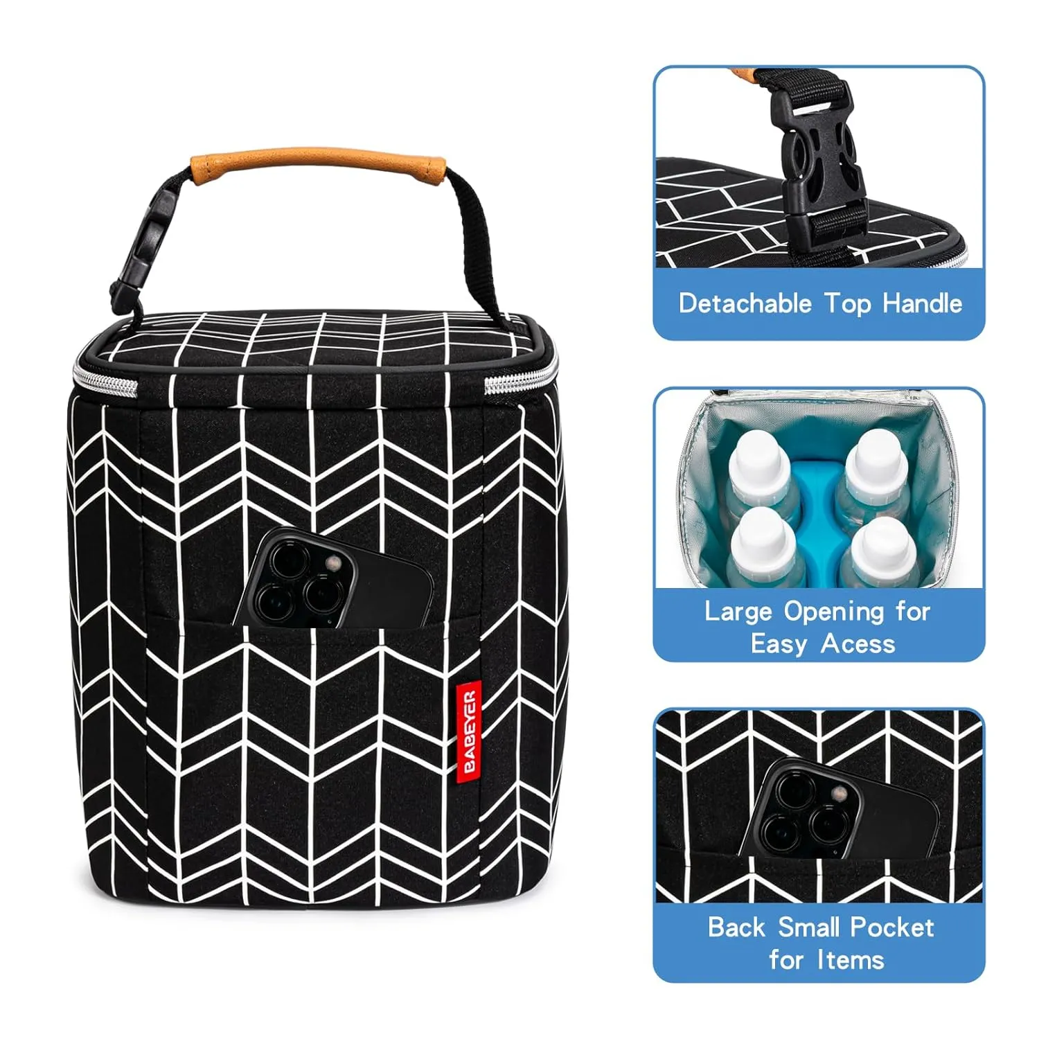 BreastMilk Cooler Bag with Ice Pack Fits 4 Baby Bottles Up to 9 Ounce, Baby Bottle Bag Fits for Nursing Mom Daycare, Black