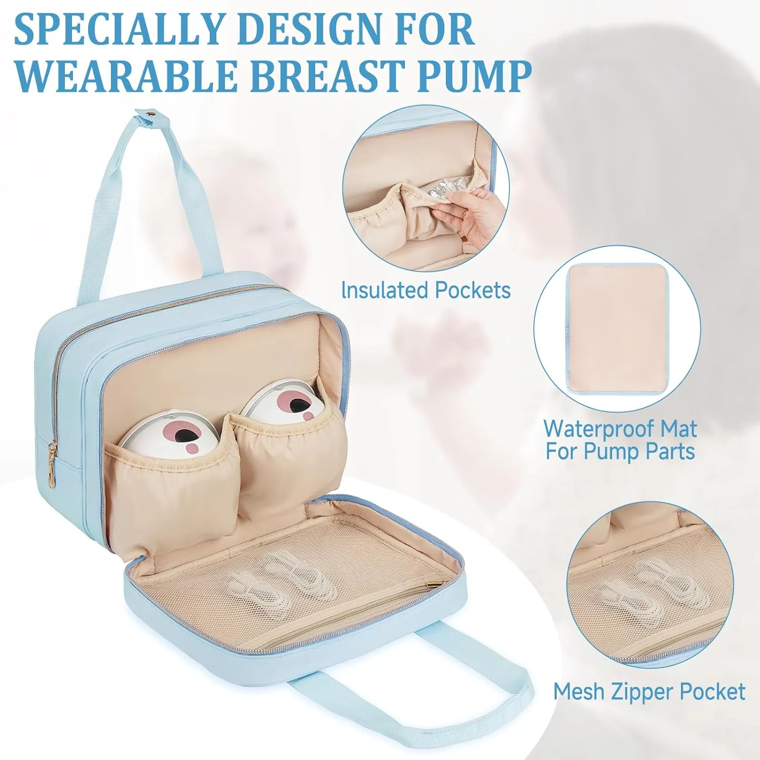 Breastmilk Cooler Travel Bag, Wearable Breast Pump Storage Bag Compatible with Momcozy/Medela/Elvie/Willow Breast Pump with Ice Pack and Waterproof Mat,Blue