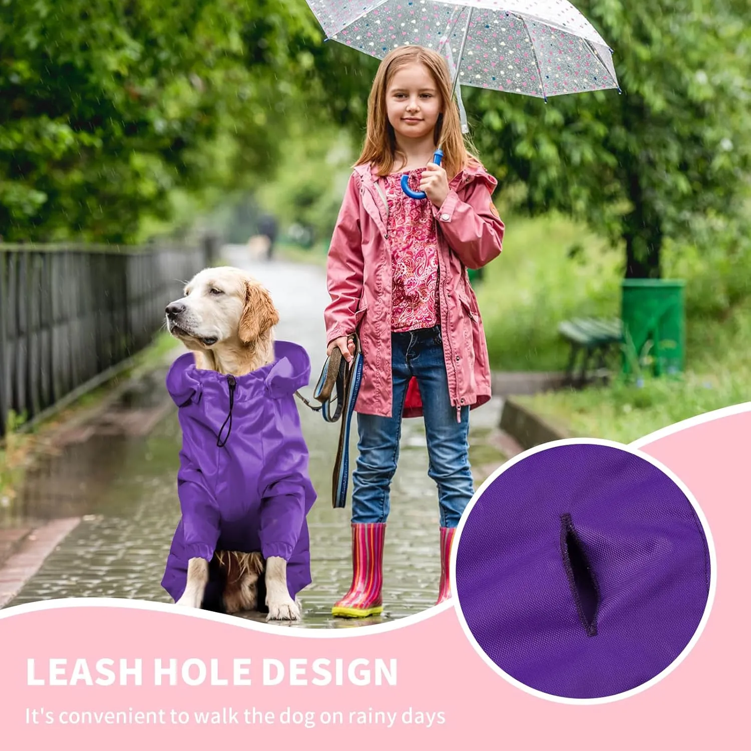 BRKURLEG Dog Raincoat Reflective Pet Poncho for Medium Dogs Boy Girl, Pet Waterproof Rainproof Jacket with Leash Hole, 4 Legs Dog Rain Jacket, Lightweight Waterproof Jackets, Purple XL