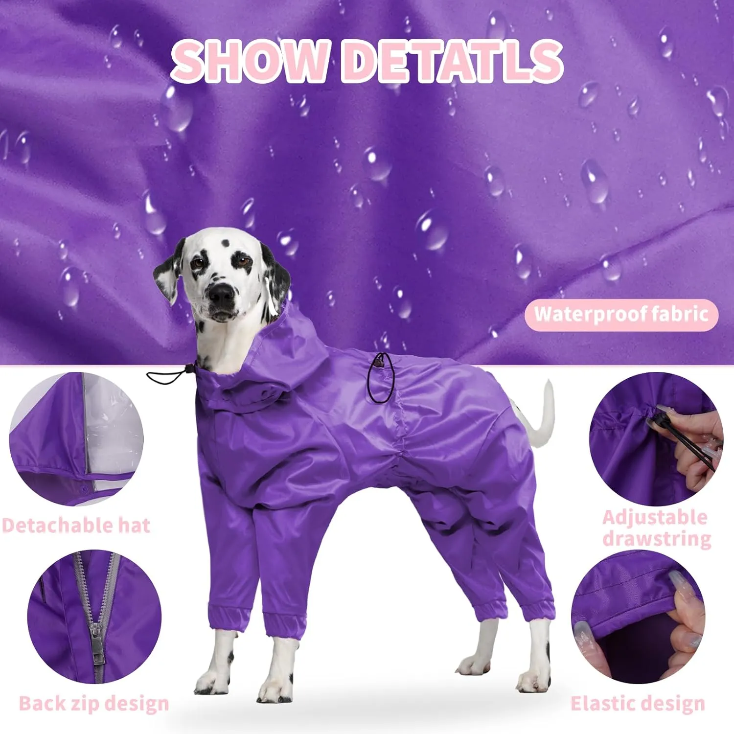 BRKURLEG Dog Raincoat Reflective Pet Poncho for Medium Dogs Boy Girl, Pet Waterproof Rainproof Jacket with Leash Hole, 4 Legs Dog Rain Jacket, Lightweight Waterproof Jackets, Purple XL