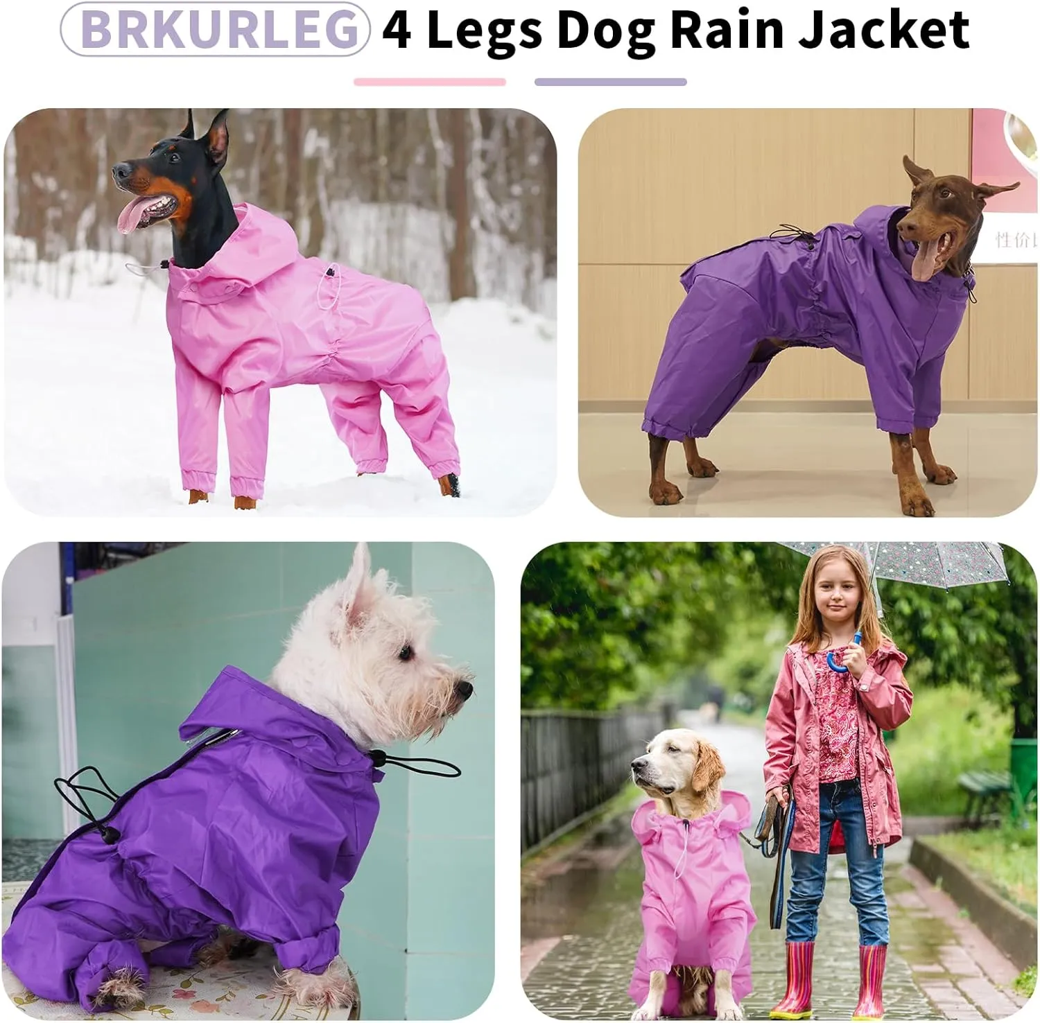 BRKURLEG Dog Raincoat Reflective Pet Poncho for Medium Dogs Boy Girl, Pet Waterproof Rainproof Jacket with Leash Hole, 4 Legs Dog Rain Jacket, Lightweight Waterproof Jackets, Purple XL