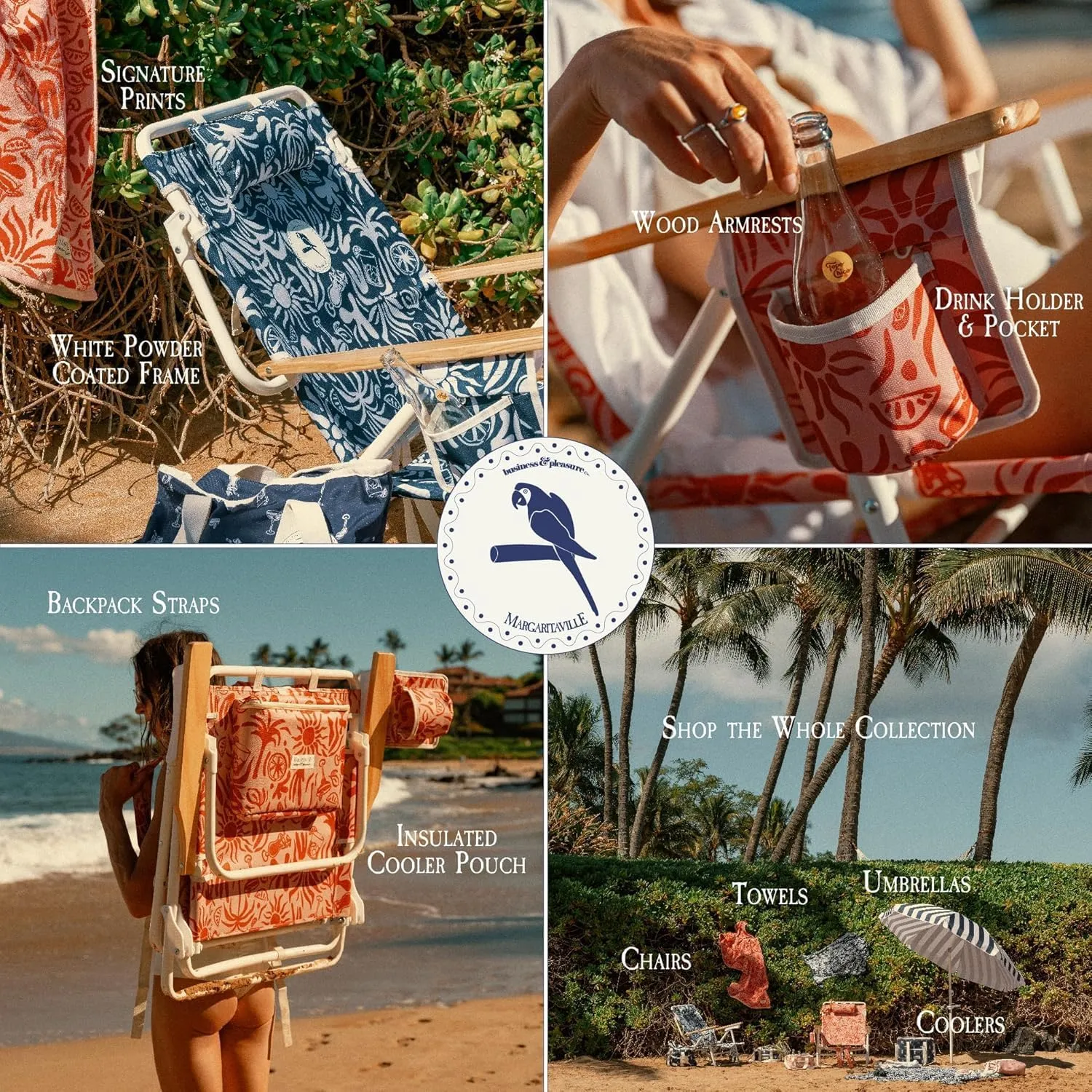 Business & Pleasure Co. Margaritaville Manana Backpack Beach Chair Lay Flat Reclining, Lightweight & Portable, Insulated Cooler Pocket, Strawberry Daiquiri Tiki