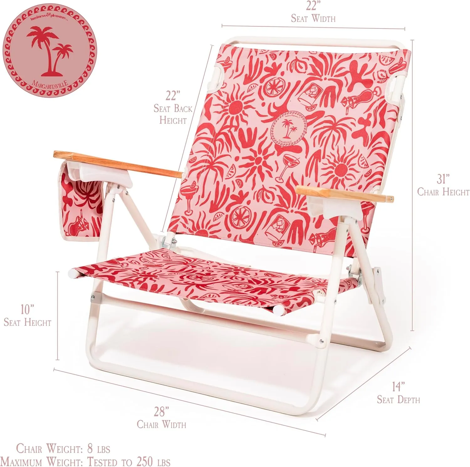 Business & Pleasure Co. Margaritaville Manana Backpack Beach Chair Lay Flat Reclining, Lightweight & Portable, Insulated Cooler Pocket, Strawberry Daiquiri Tiki