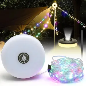 Camping String Lights, 2 in 1 Outdoor Waterproof Camping String Light with 8 Lighting Modes(32.8Ft), Quick 30s Recovery, Type-C Fast Charging Portable LED Tent Light for Camping Yard Hiking