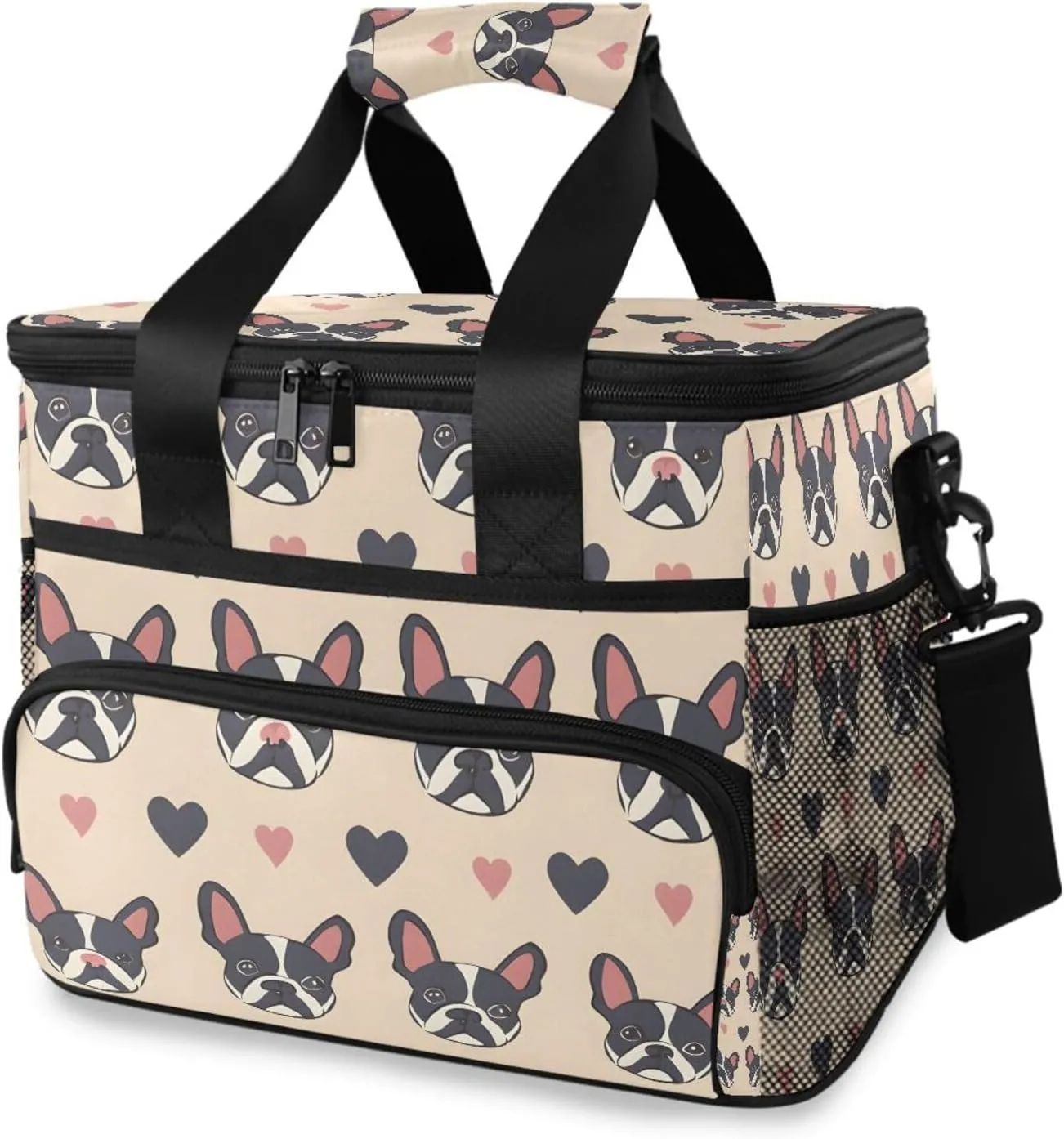 Cartoon French Bulldog Head Cooler Bag Insulated Cooler Soft Sided Cooler 24 Can Portable Picnic Bag Large Leakproof Lunch Bag Box for Beach Grocery Camping Travel Car Men Women