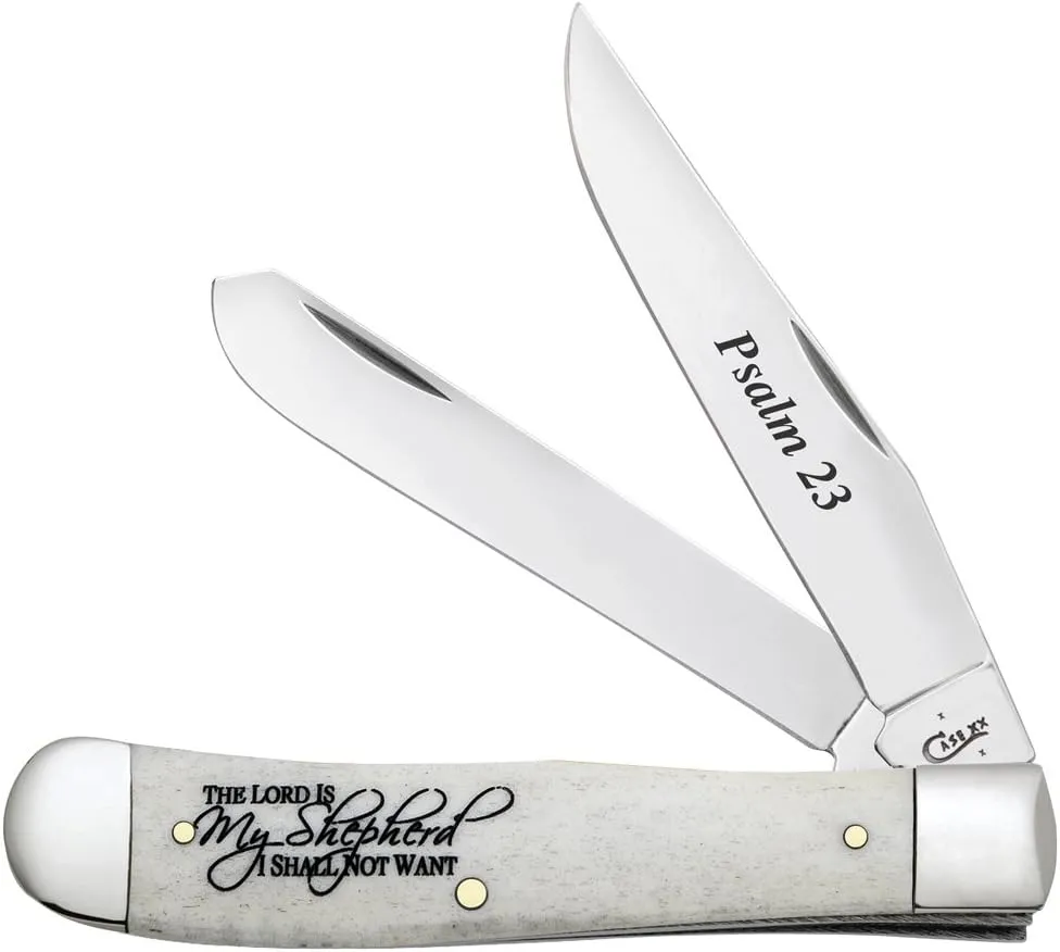 Case WR XX Pocket Knife Natural Smooth Bone Trapper W/Psalm 23 and Artwork Item #8795 - (6254 SS) - Length Closed: 4 1/8 Inches