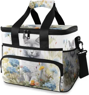 Cat Blue Flower Bohemian Cooler Bag Insulated Cooler Soft Sided Cooler 24 Can Portable Picnic Bag Large Leakproof Lunch Bag Box for Beach Grocery Camping Travel Car Men Women