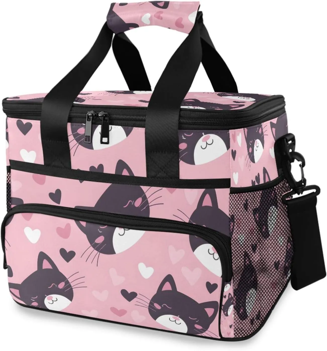 Cat Love Pink Heart Cooler Bag Insulated Cooler Soft Sided Cooler 24 Can Portable Picnic Bag Large Leakproof Lunch Bag Box for Beach Grocery Camping Travel Car Men Women