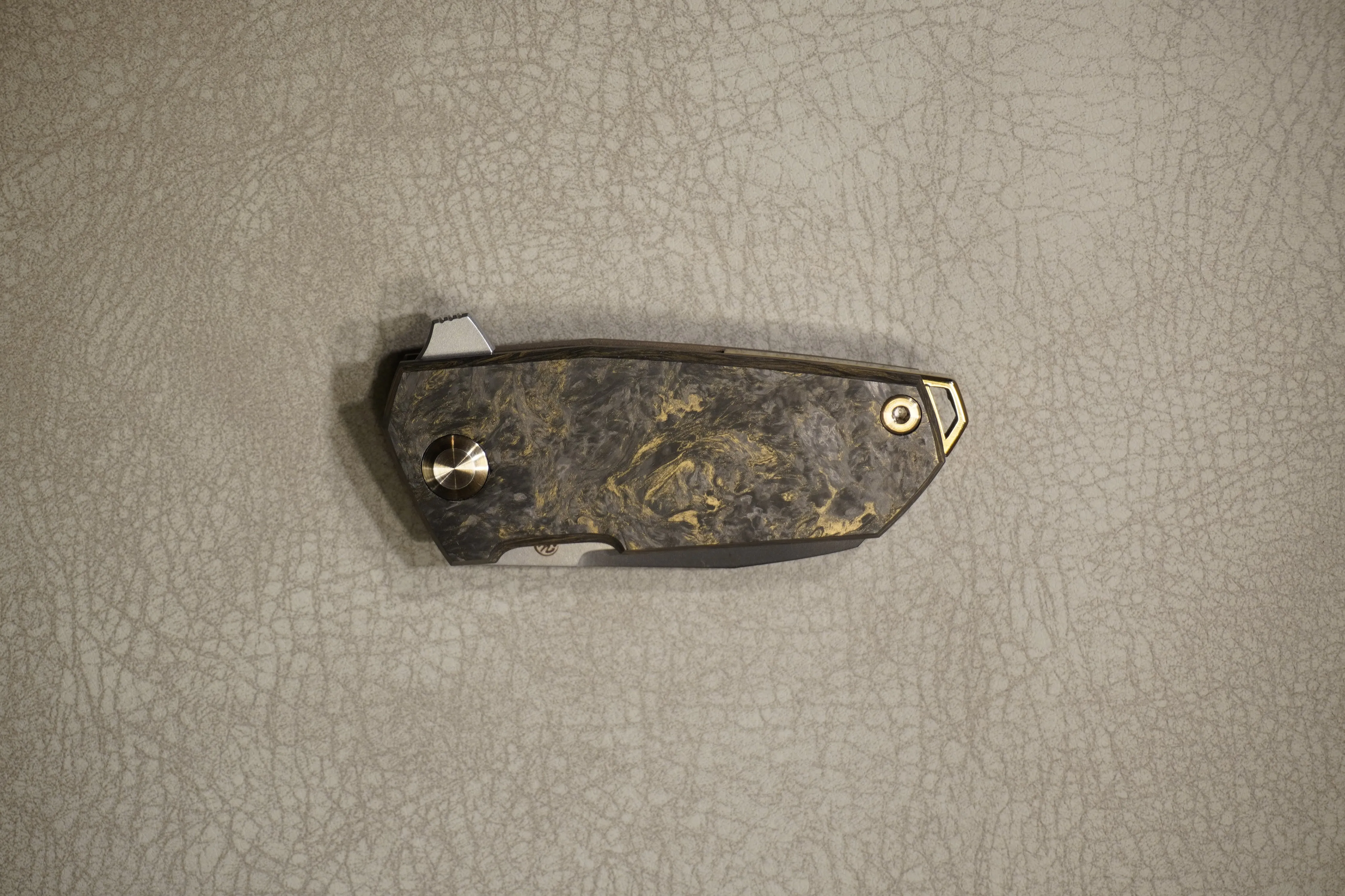 Cheburkov Knife Bulldog Light, Steel Elmax, Handle Marble Carbon with Gold Powder, Bronze Polished Titanium