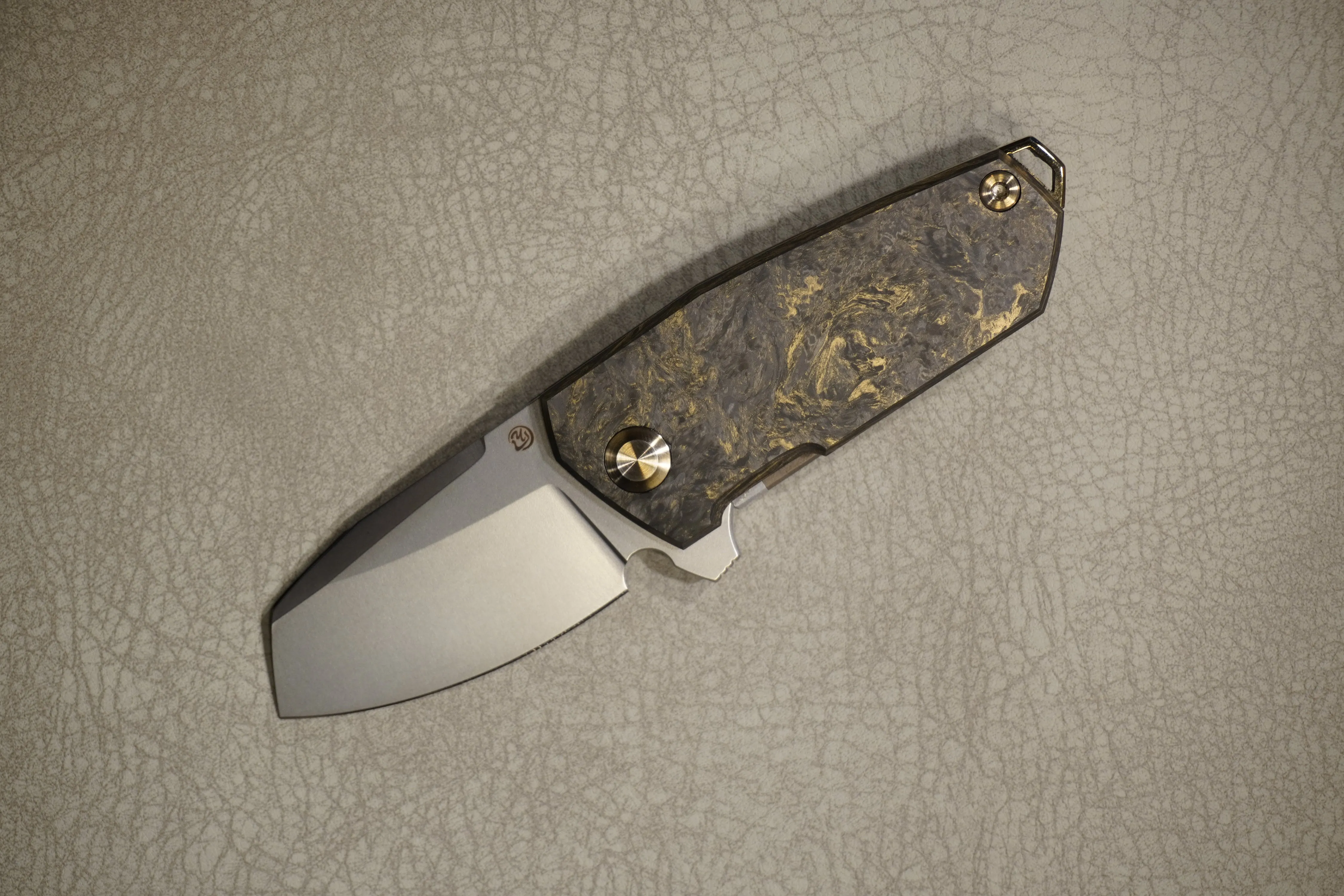 Cheburkov Knife Bulldog Light, Steel Elmax, Handle Marble Carbon with Gold Powder, Bronze Polished Titanium