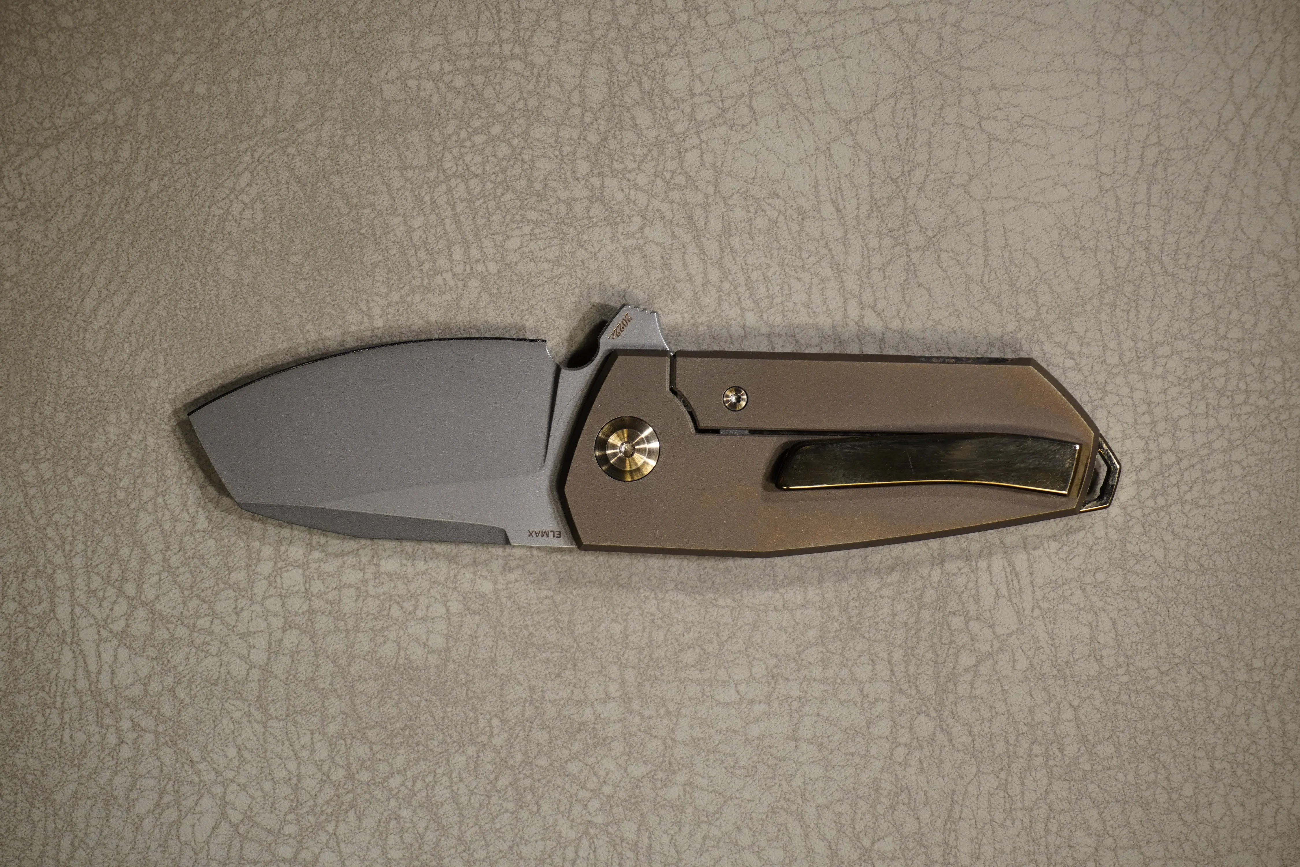 Cheburkov Knife Bulldog Light, Steel Elmax, Handle Marble Carbon with Gold Powder, Bronze Polished Titanium