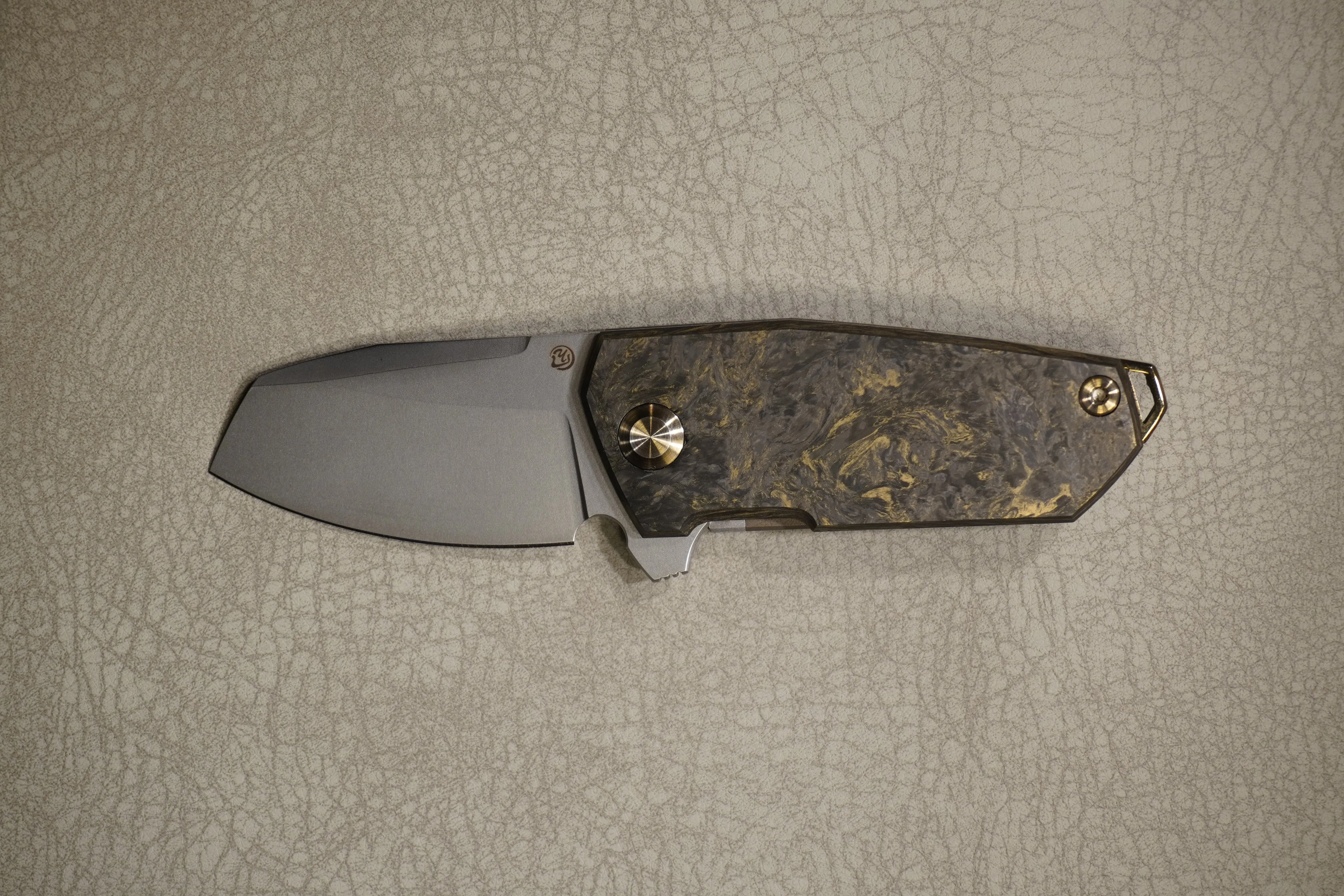 Cheburkov Knife Bulldog Light, Steel Elmax, Handle Marble Carbon with Gold Powder, Bronze Polished Titanium