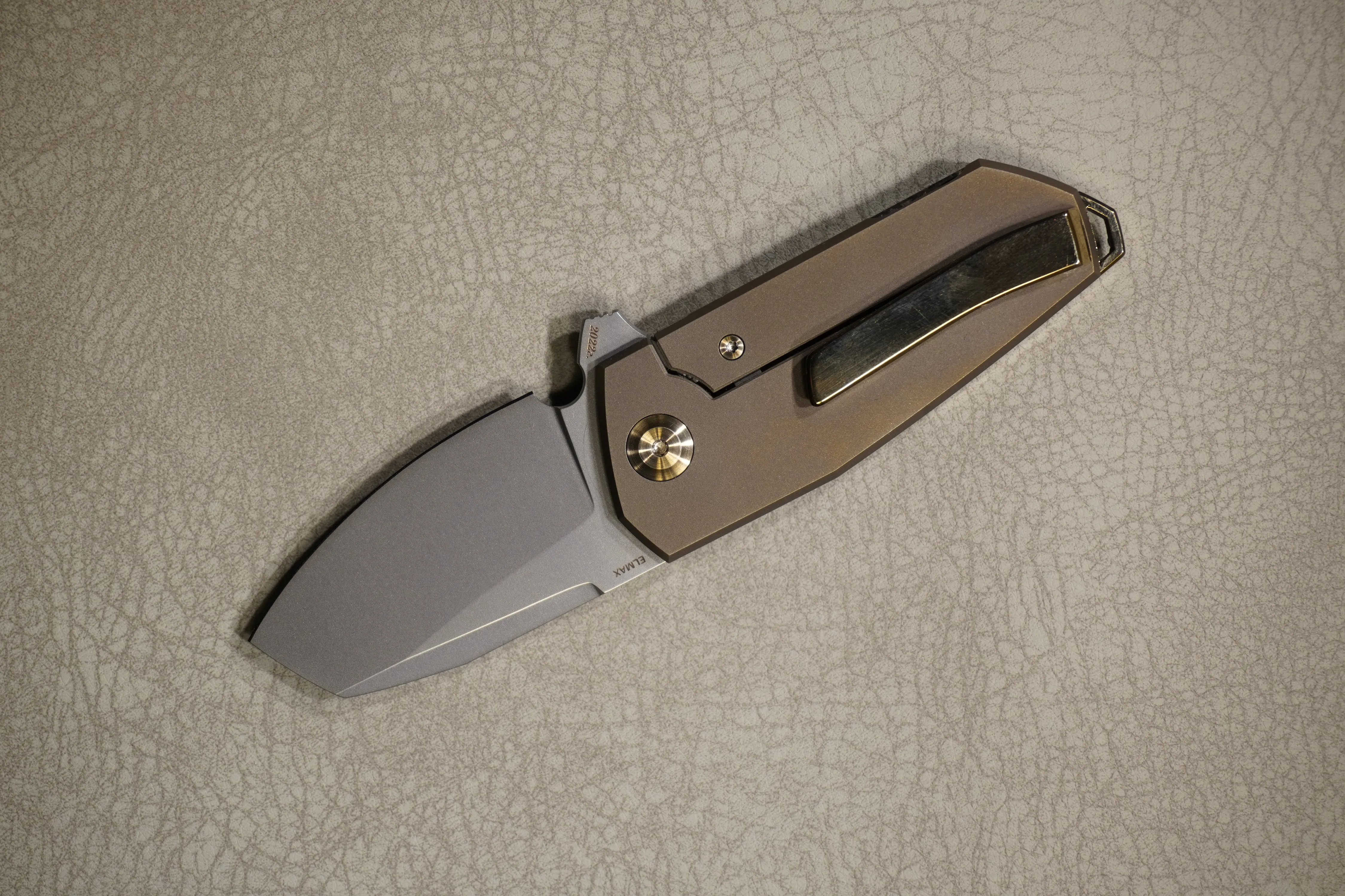 Cheburkov Knife Bulldog Light, Steel Elmax, Handle Marble Carbon with Gold Powder, Bronze Polished Titanium