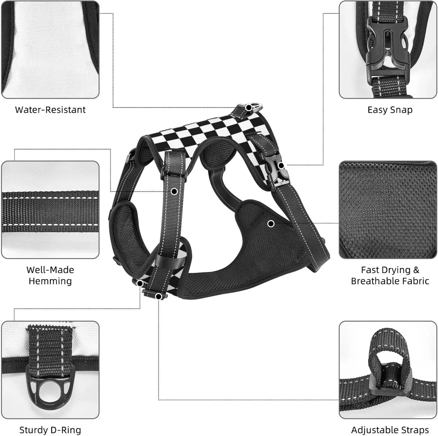 Checkered Racing Flag Soft Padded Dog Harness Vest for Small Medium Large Dogs, Reflective No Pull Puppy Dog Pet Vest Leash Set for Walking Training Running