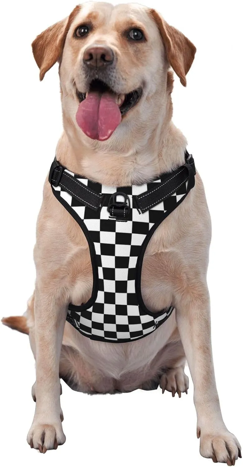 Checkered Racing Flag Soft Padded Dog Harness Vest for Small Medium Large Dogs, Reflective No Pull Puppy Dog Pet Vest Leash Set for Walking Training Running