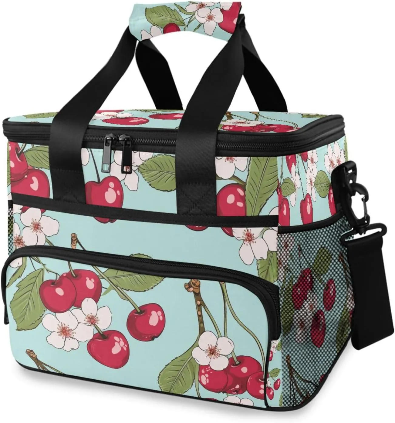 Cherry Flower Blue Cooler Bag Insulated Cooler Soft Sided Cooler 24 Can Portable Picnic Bag Large Leakproof Lunch Bag Box for Beach Grocery Camping Travel Car Men Women