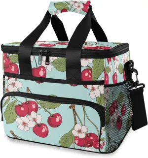 Cherry Flower Blue Cooler Bag Insulated Cooler Soft Sided Cooler 24 Can Portable Picnic Bag Large Leakproof Lunch Bag Box for Beach Grocery Camping Travel Car Men Women