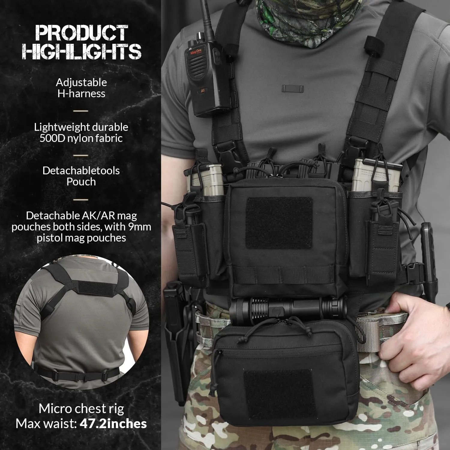 Chest Rig-Tactical Chest Rig, Adjustable & Detachable Molle Micro Chest Rigs, with 5.56/7.62 Magazine Pouch