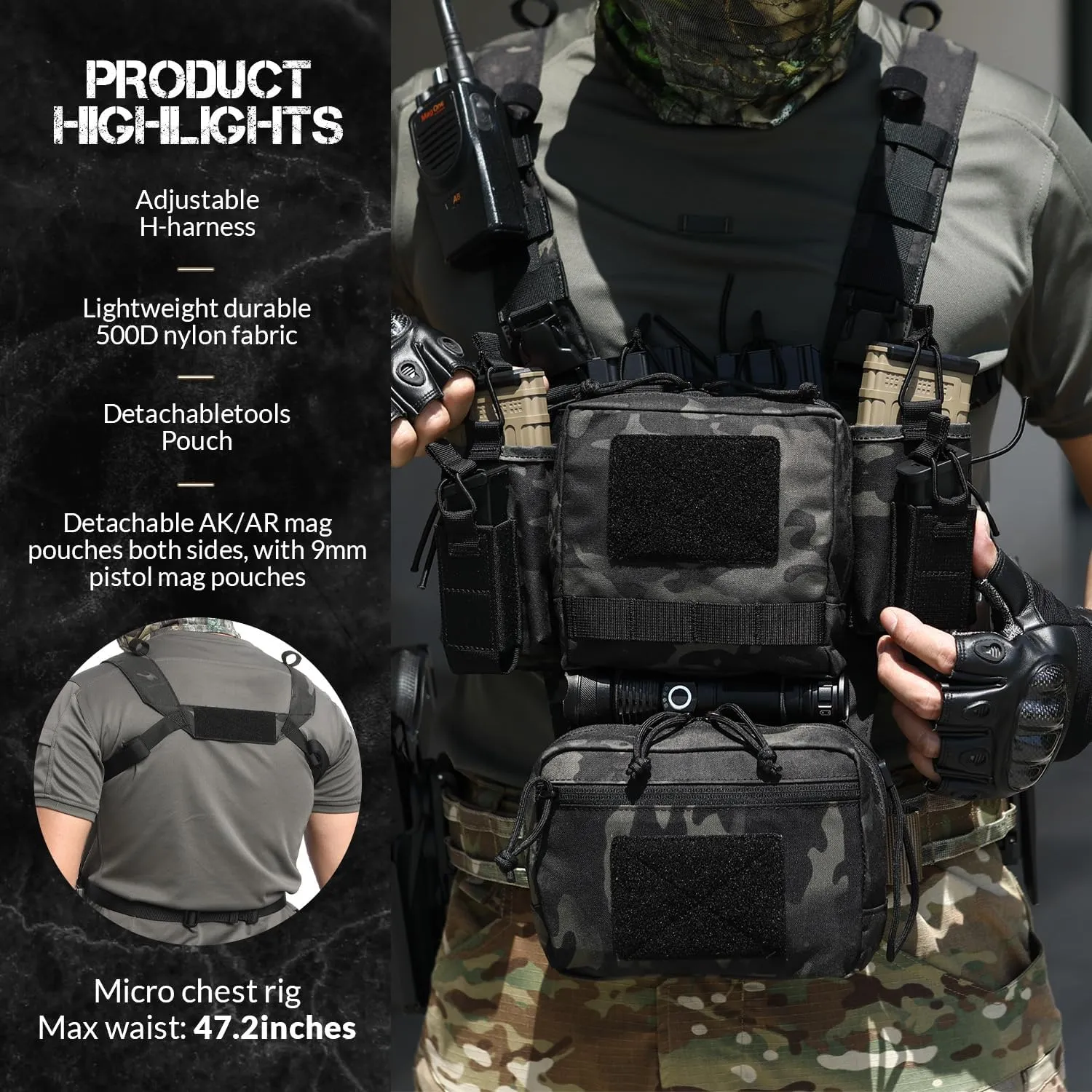 Chest Rig-Tactical Chest Rig, Adjustable & Detachable Molle Micro Chest Rigs, with 5.56/7.62 Magazine Pouch