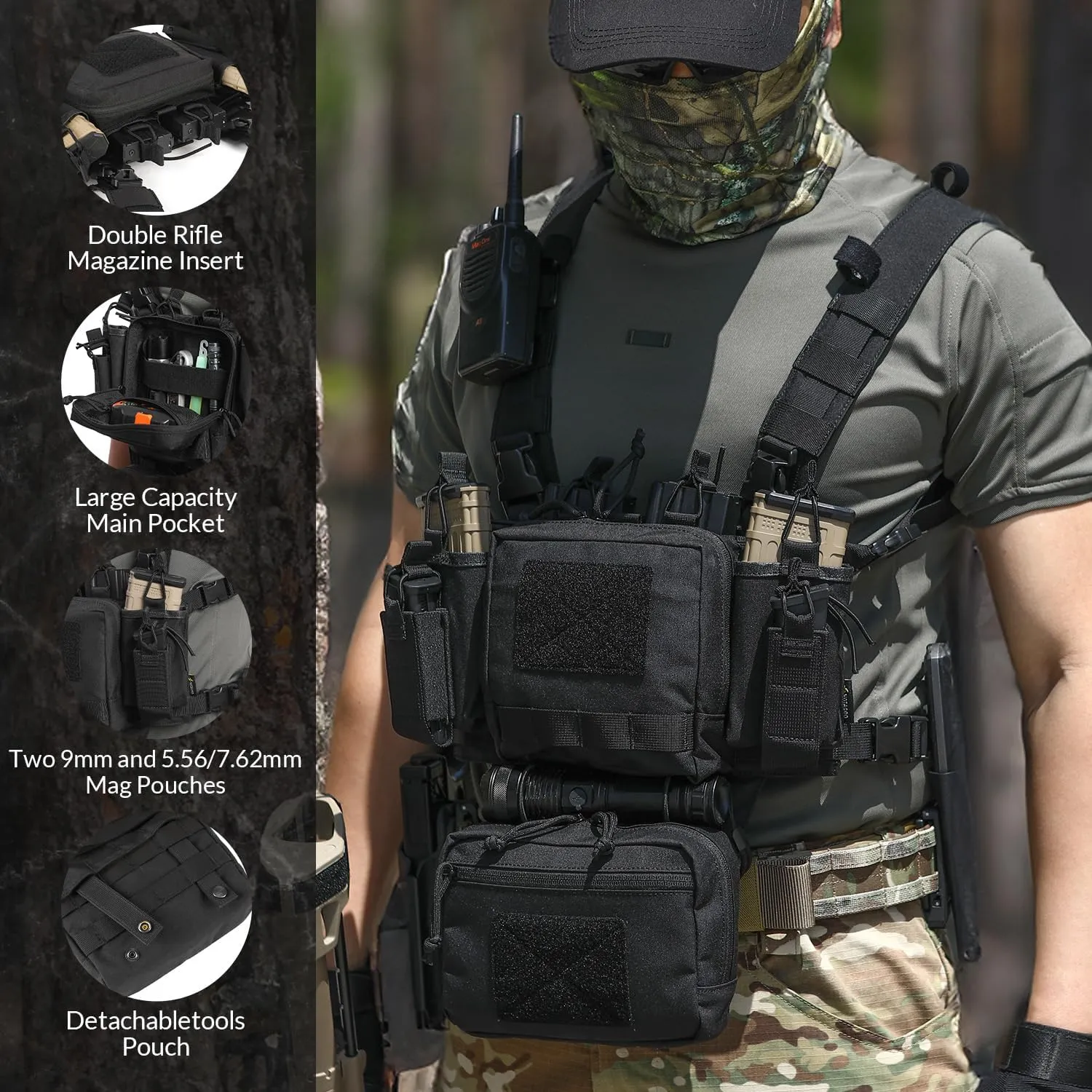 Chest Rig-Tactical Chest Rig, Adjustable & Detachable Molle Micro Chest Rigs, with 5.56/7.62 Magazine Pouch