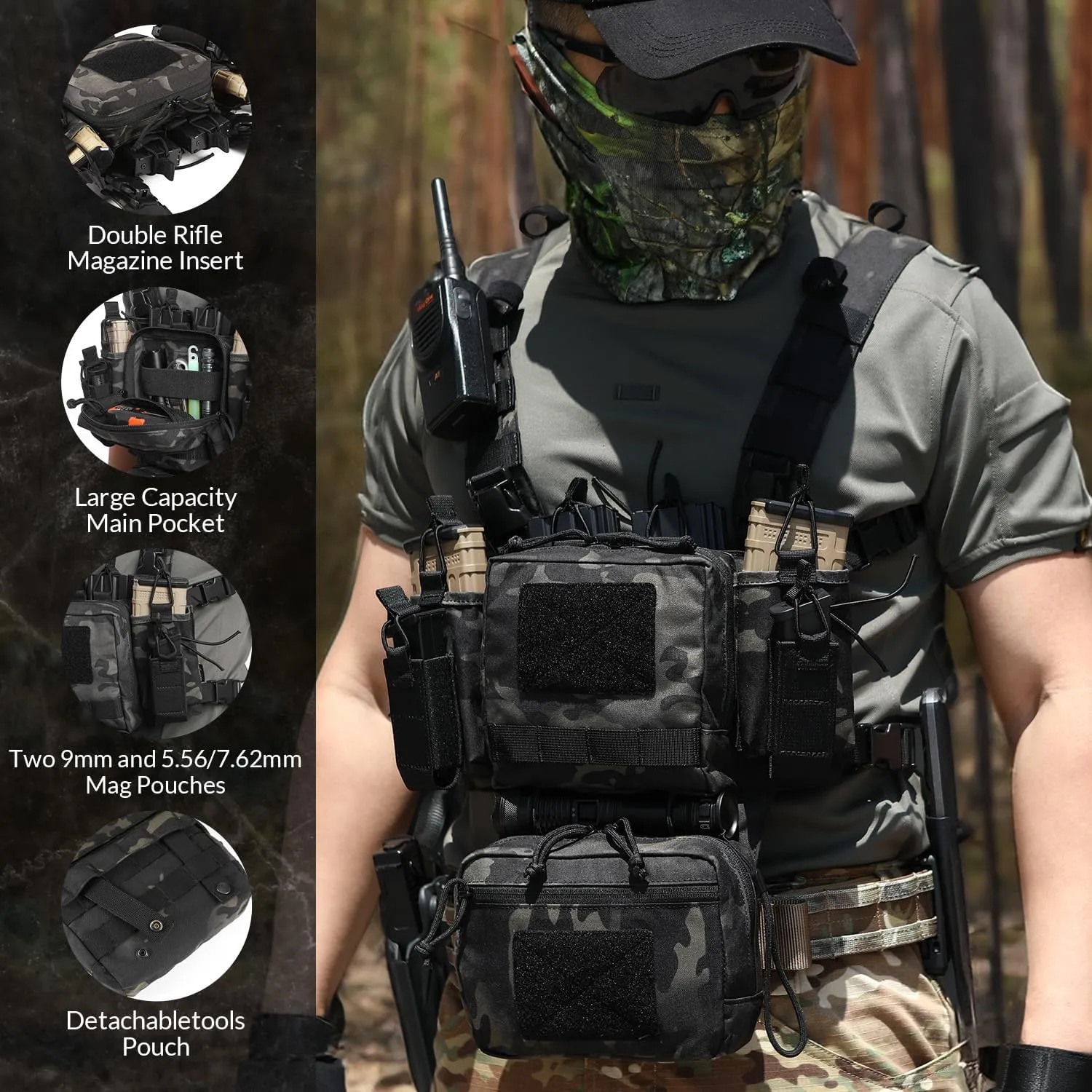 Chest Rig-Tactical Chest Rig, Adjustable & Detachable Molle Micro Chest Rigs, with 5.56/7.62 Magazine Pouch