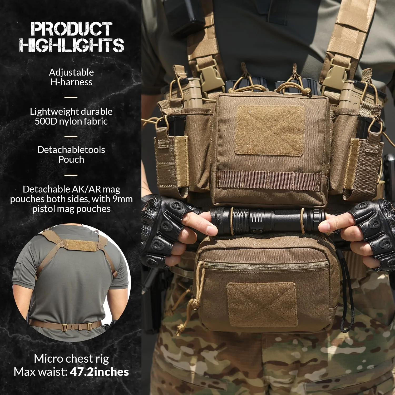 Chest Rig-Tactical Chest Rig, Adjustable & Detachable Molle Micro Chest Rigs, with 5.56/7.62 Magazine Pouch