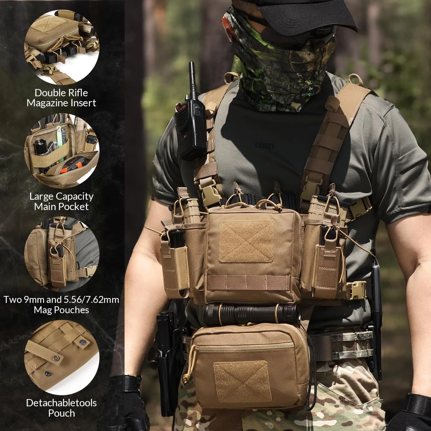 Chest Rig-Tactical Chest Rig, Adjustable & Detachable Molle Micro Chest Rigs, with 5.56/7.62 Magazine Pouch