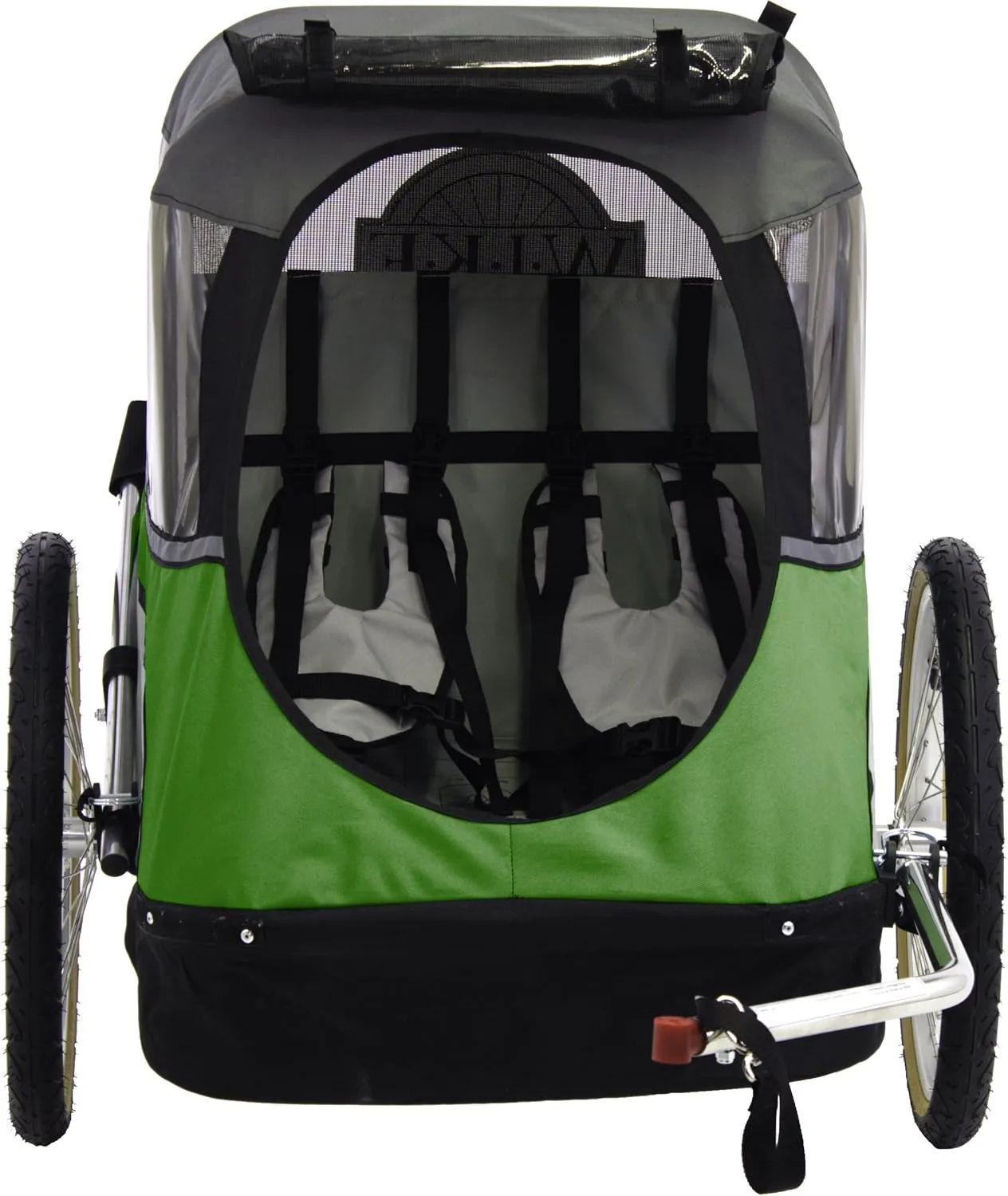 Children's Junior Bike Trailer: for 1-2 Kids Under 3'10"/100lbs max - Built-in roll cage, Stainless Steel towbar, 5-Point Restraints, Large Cargo Space, roll-up Bug and rain Screens, Safety Flag